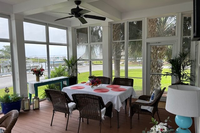 Wide windows looking out over a waterfront view
